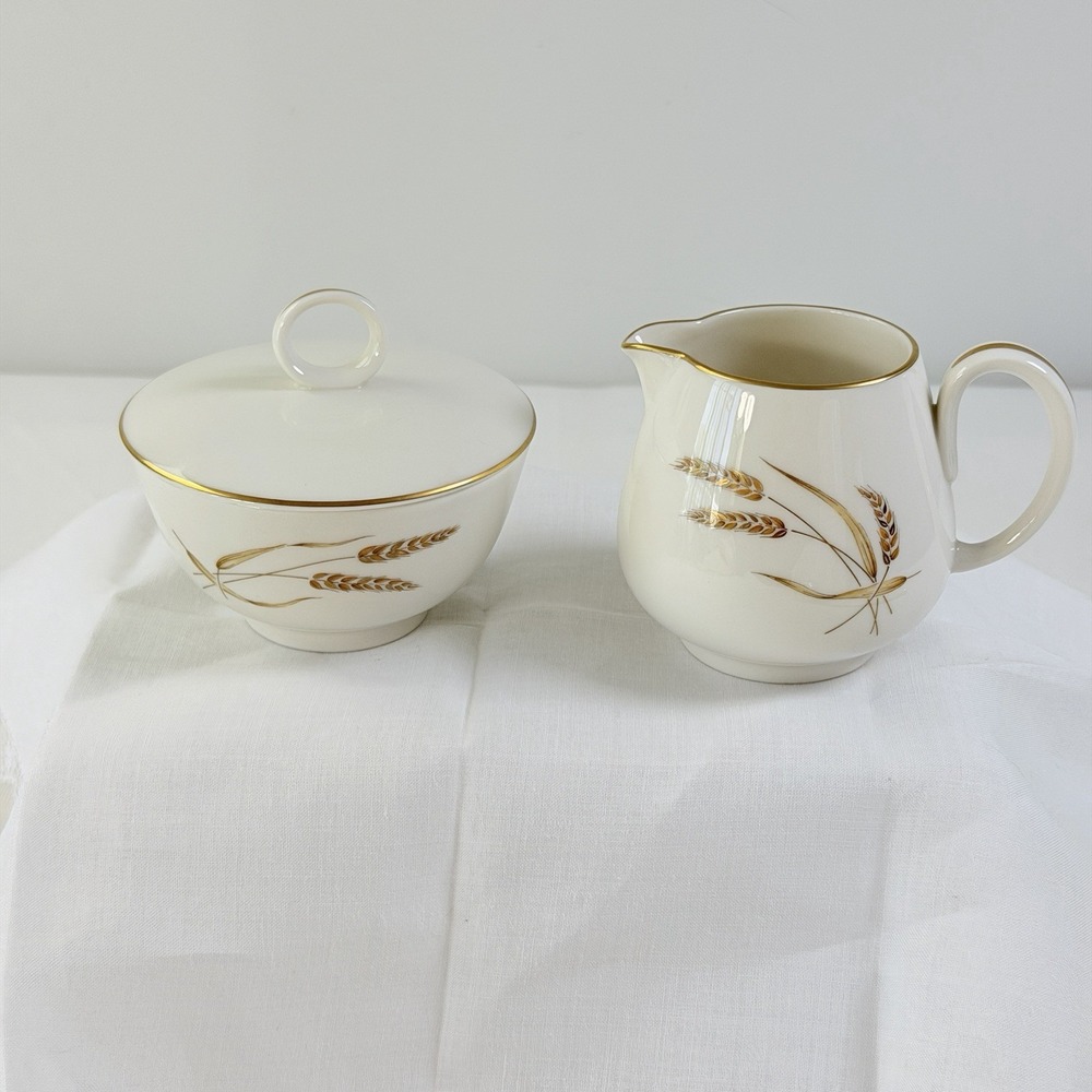 Noritake Harveston Cream & Sugar Ivory w/ Gold Trim 7524 Wheat Mint Mid Century